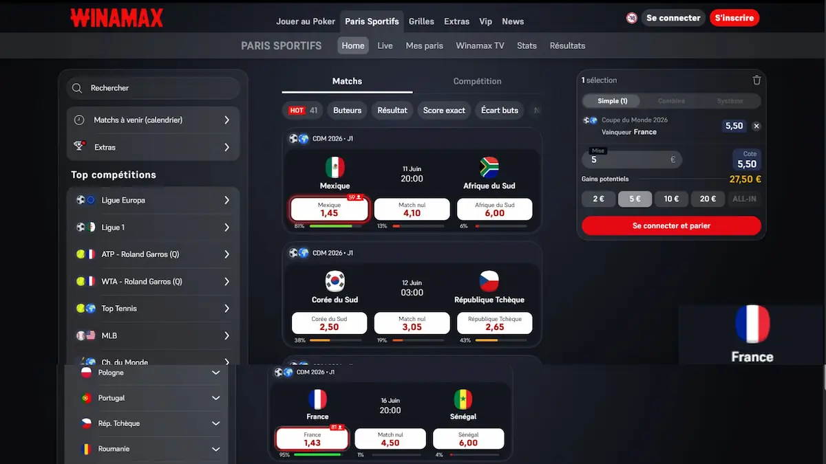 Interface Winamax Mondial 2026